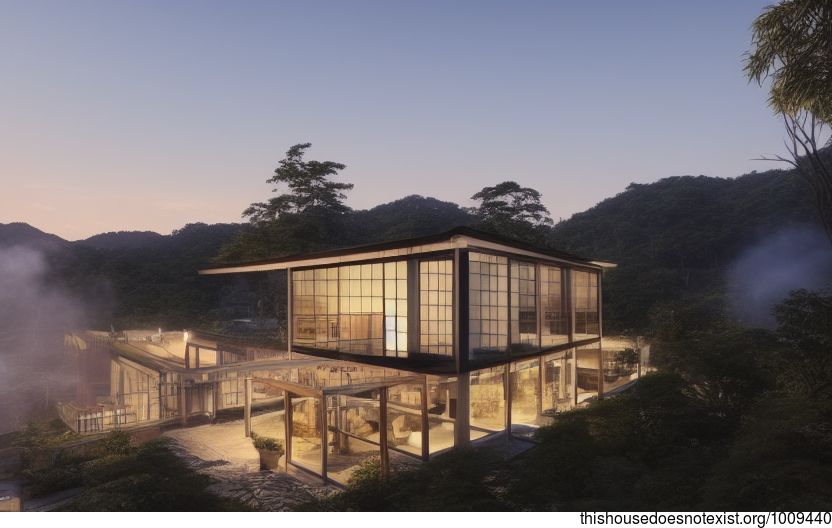 A modern home in Taipei, Taiwan with an exterior of glass and rocks, sunrise in the downtown area, and a steaming hot spring outside