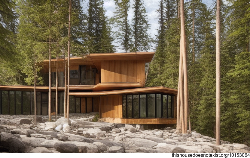 A modern architecture home in Canada with exposed wood and curved bamboo rocks