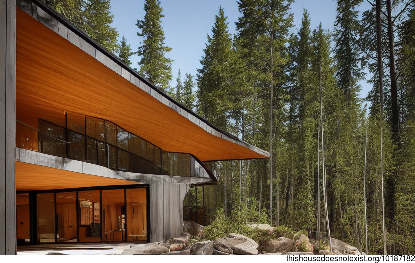 A bamboo and stone exterior give this house in Canada an organic look that fits in with its natural surroundings