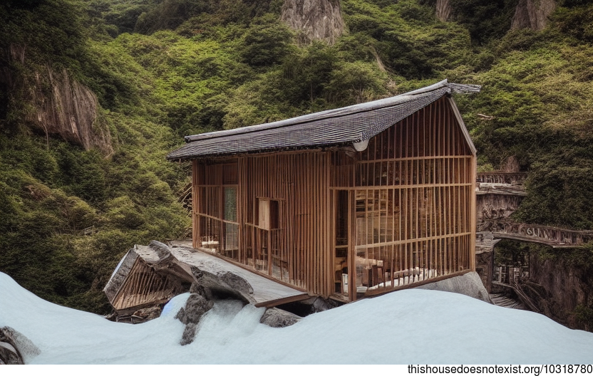 A Small Cabin with Exposed Wood and Stone, Curved Bamboo, and Steamy Hot Springs
