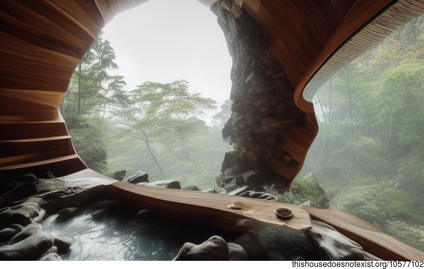 A Small Cabin Interior with Exposed Wood, Stone, and Bamboo, designed for enjoying the Steamy Hot Spring outside