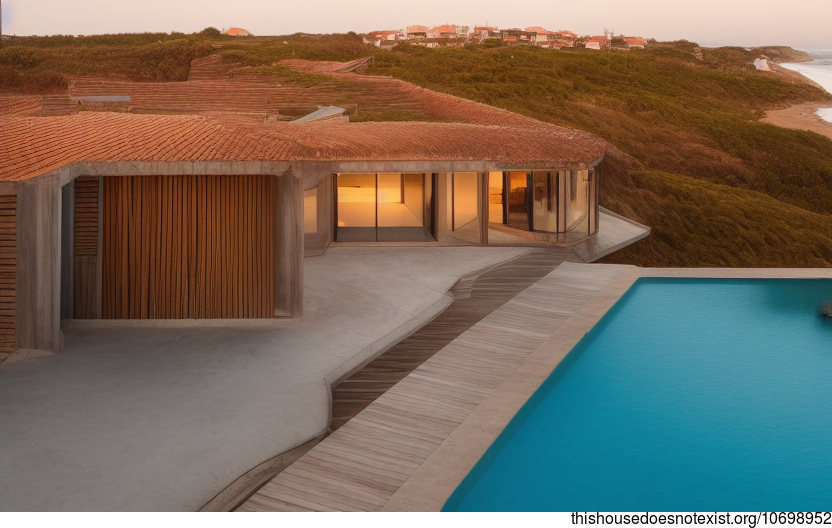 A modern architecture home in Ericeira, Portugal with a stunning infinity pool and exposed curved timber beams
