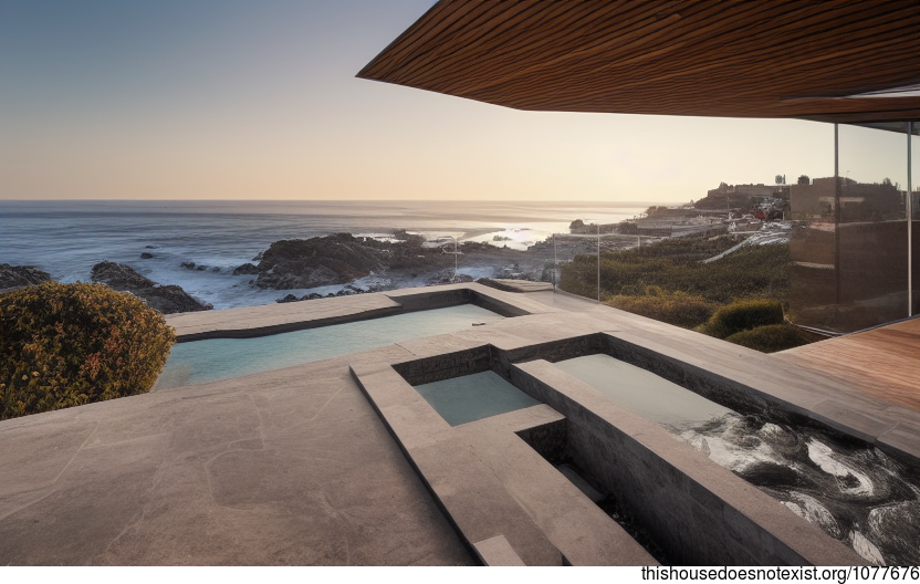 A modern architecture home in Ericeira, Portugal with an incredible view of the sunrise over downtown and the steaming hot spring