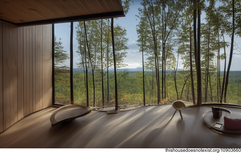 A modern architecture home that is designed to take in the sunrise, with exposed wood and curved bamboo rocks