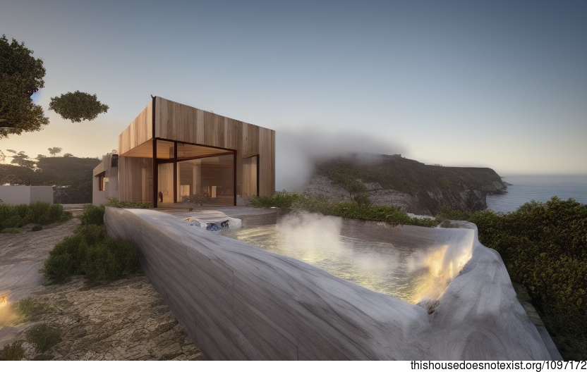 A modern architecture home in Ericeira, Portugal with an incredible view of the sunrise over downtown and the steaming hot springs