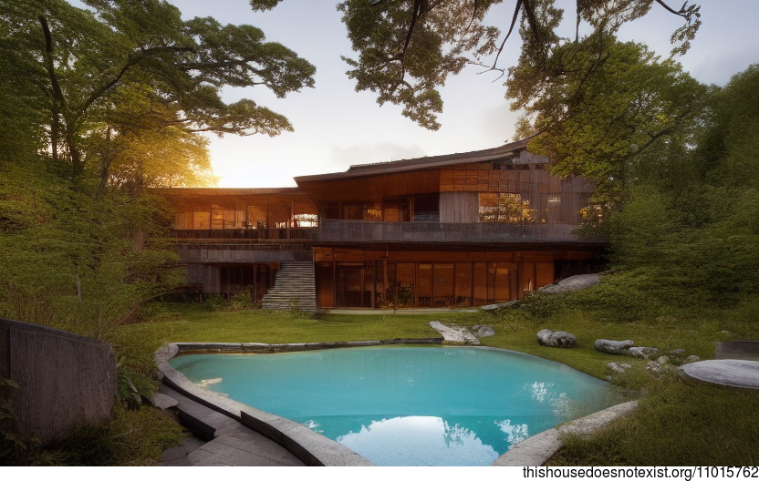 A Curved, Wood and Stone Masterpiece with an Exposed Steam Pool