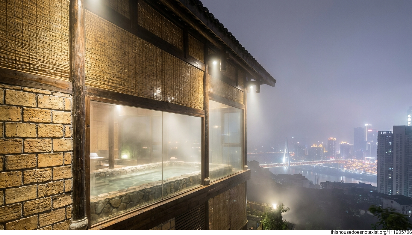 Futuristic Brick Bamboo Hot Spring Night