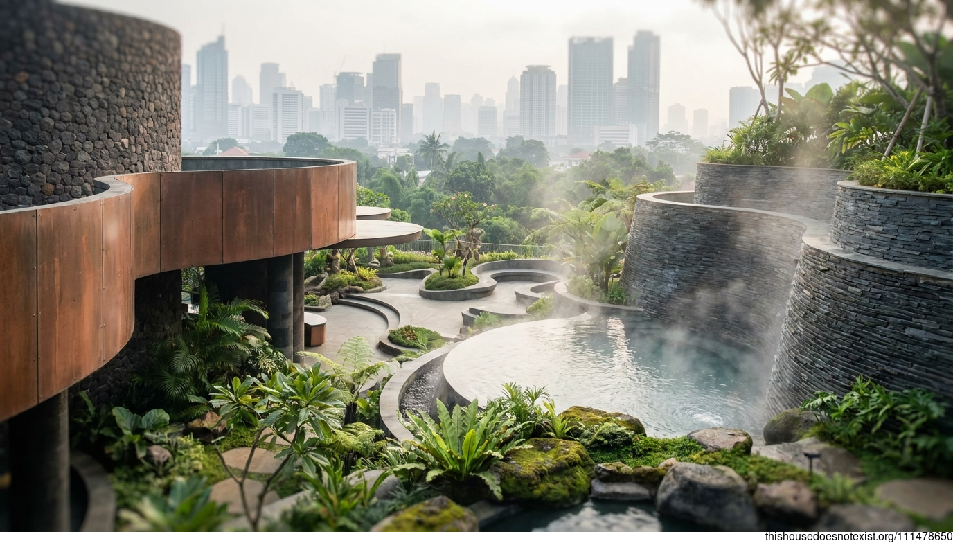 Futuristic Black Stone Hot Spring Oasis