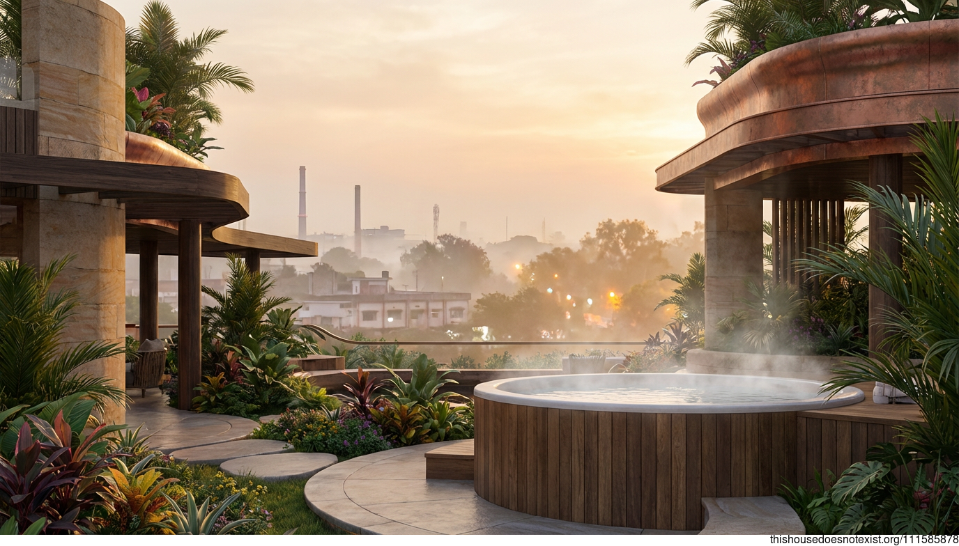 Futuristic Maximalist Sunrise Jacuzzi Garden