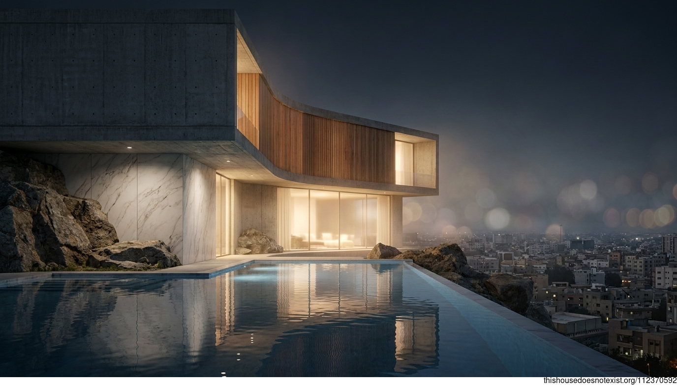 Brutalist Concrete House, Karachi Night Exterior