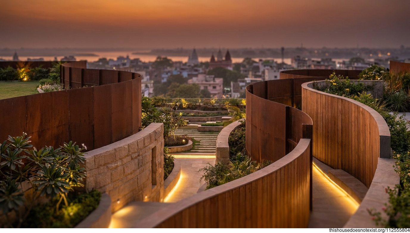 Futuristic Corten Garden at Sunset
