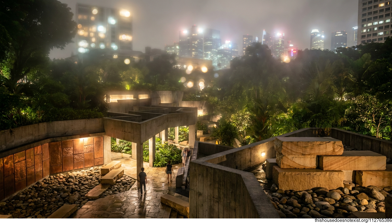 Brutalist Concrete Garden Nightscape