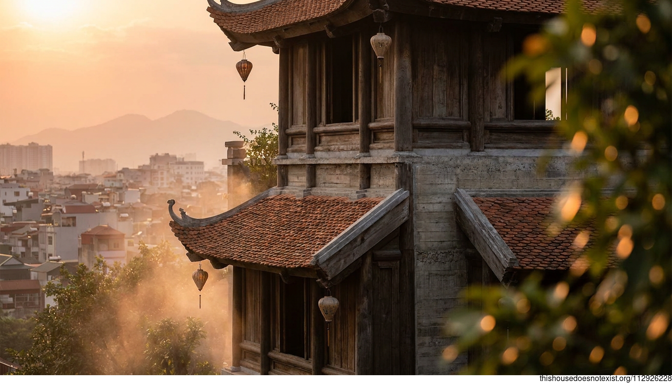 Circular Wood Concrete Home Sunset Hanoi