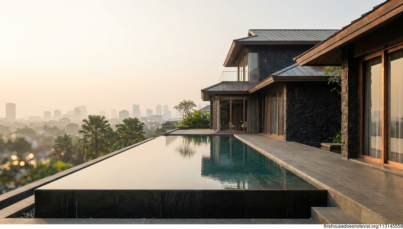 Modern Black Stone House with Infinity Pool