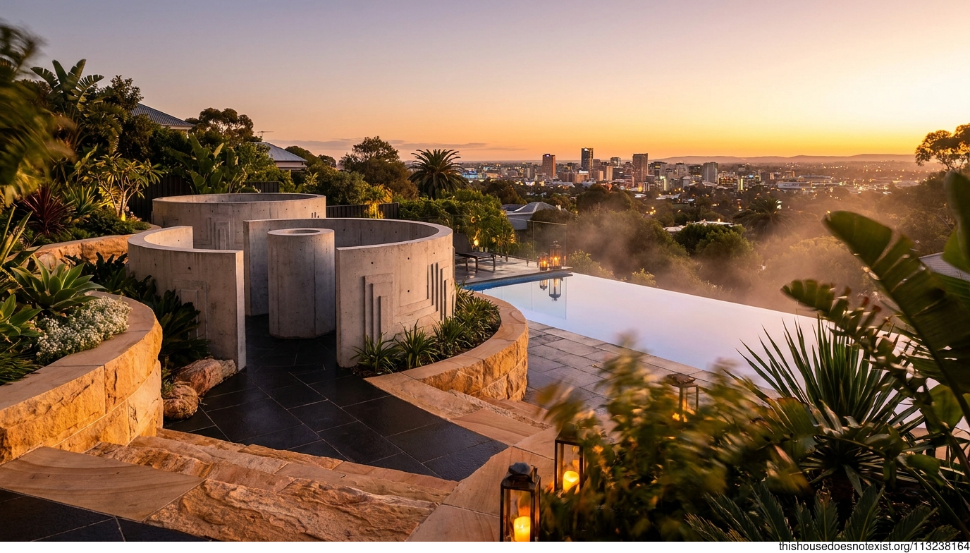 Modern Circular Garden with Infinity Pool