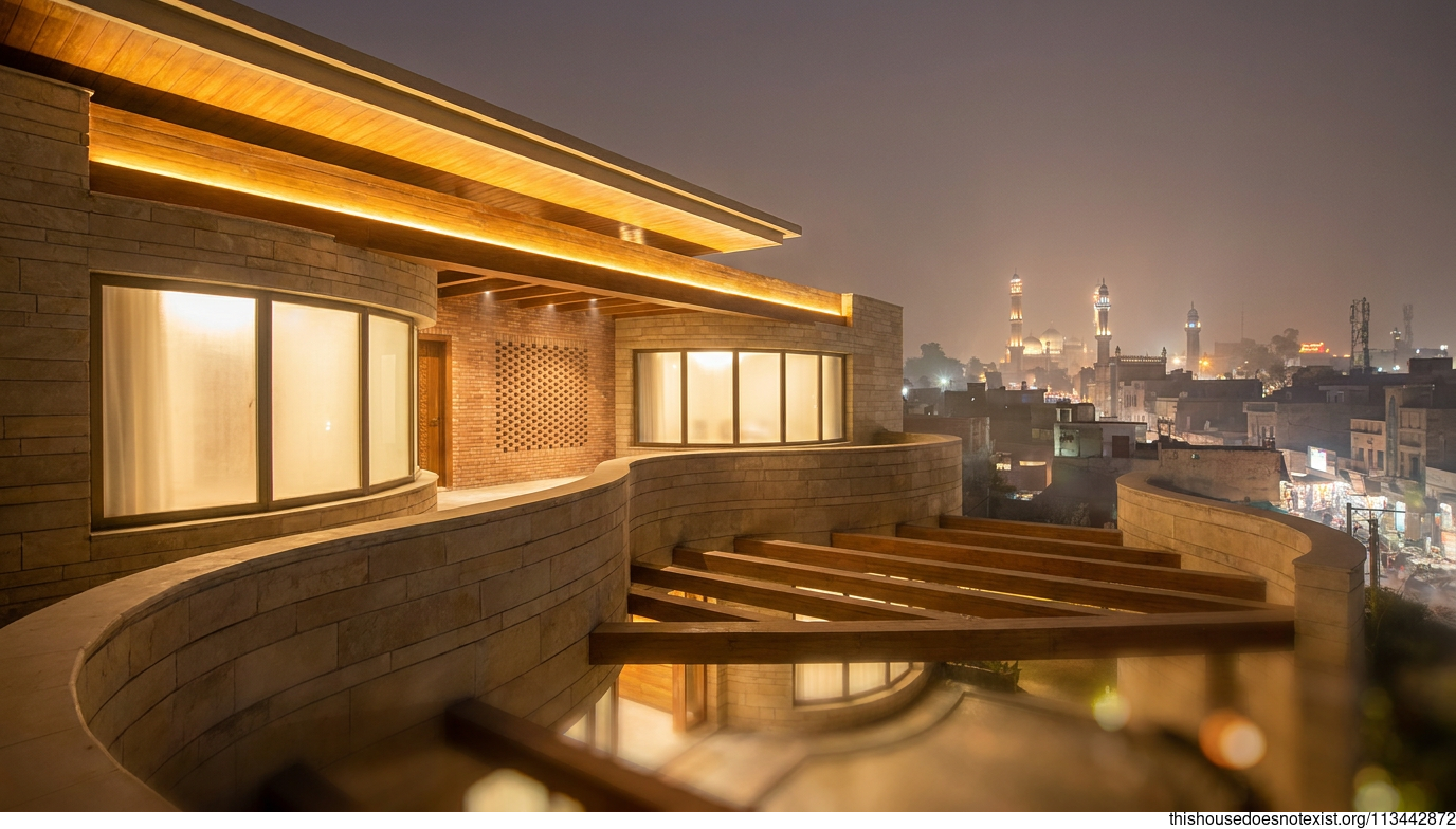 Curved Stone and Timber Nightscape