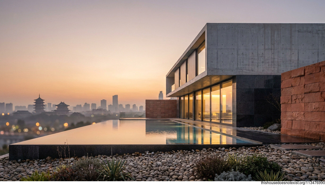 Minimalist Modern Home, Sunset Over Changzhou Pool