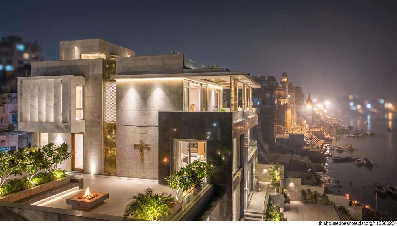 Modern Maximalist Concrete Villa at Night