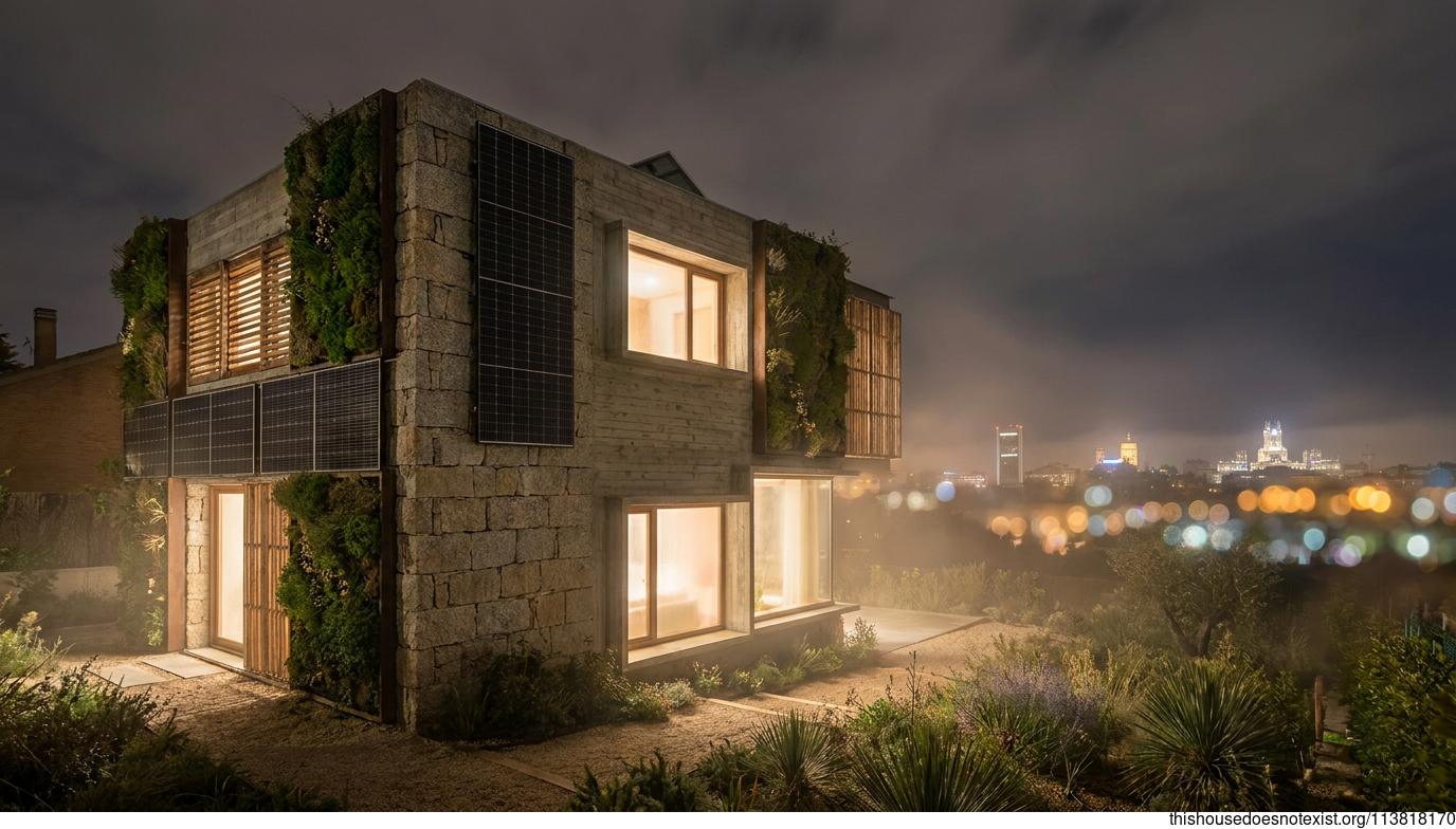 Modern Eco-Maximalist Granite Home at Night