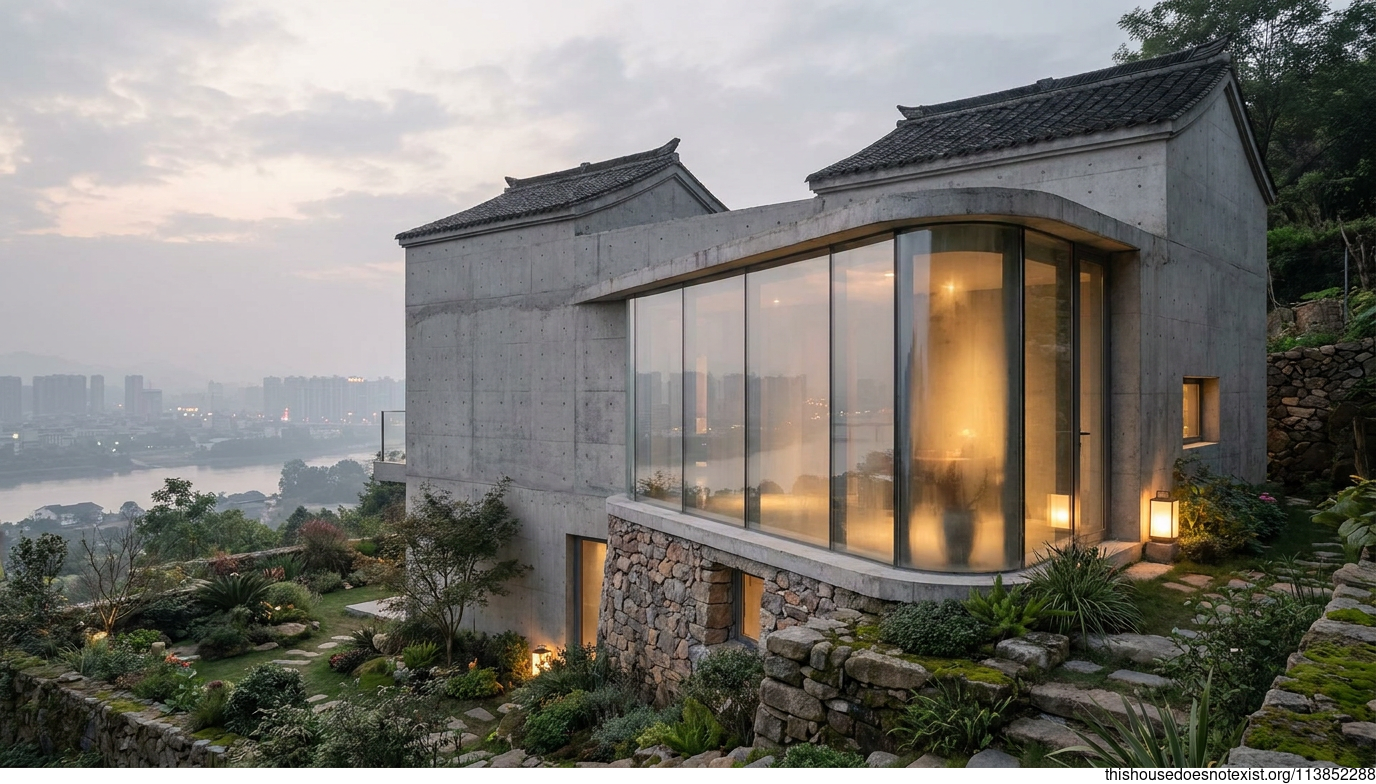 Wenzhou Minimalist Curved Concrete Home