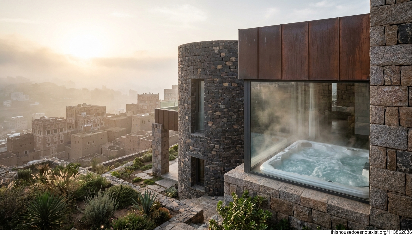 Curved Stone Villa at Sunrise