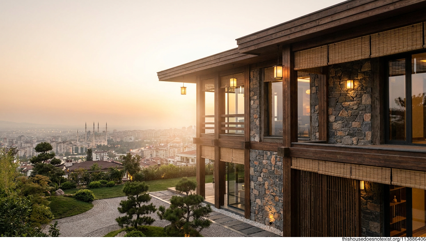 Japanese-Inspired Timber Home at Sunset