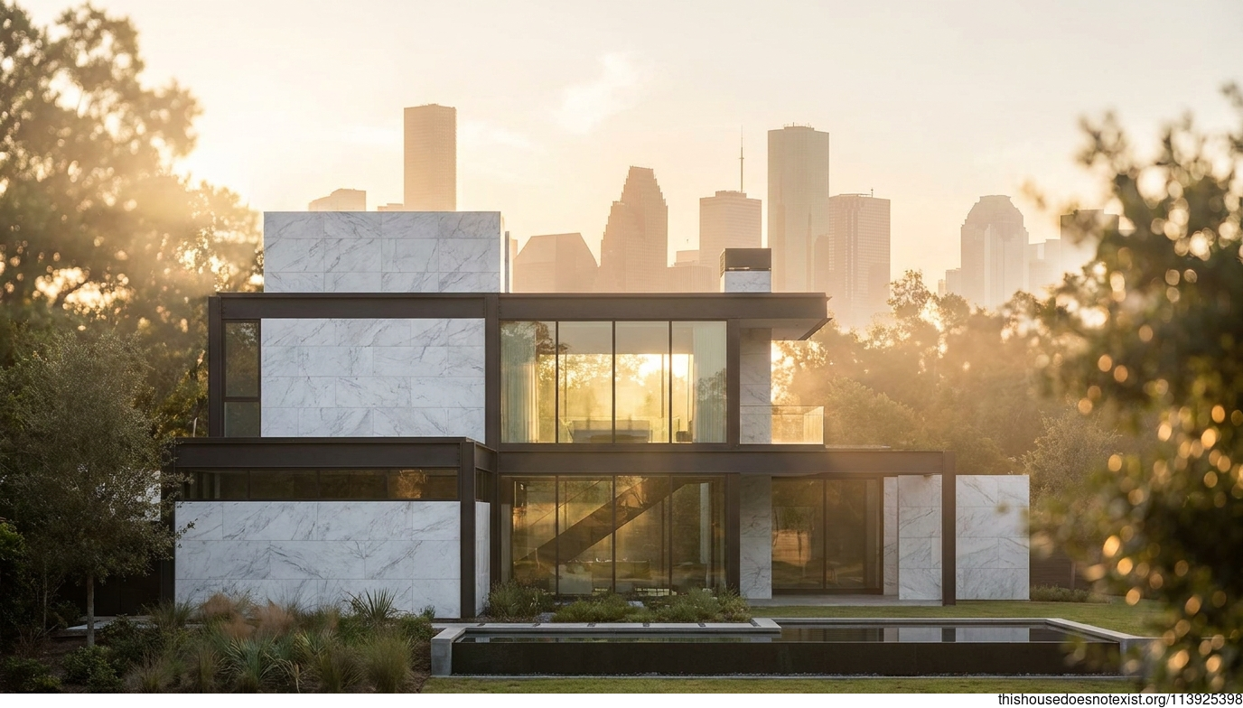 Modern Rectangular Marble Home at Sunset