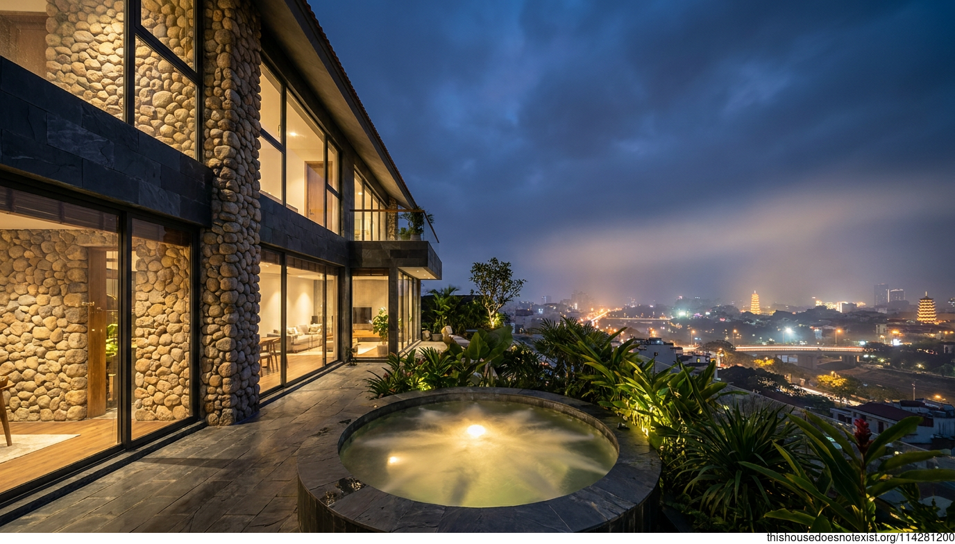Night Granite House with Steaming Jacuzzi