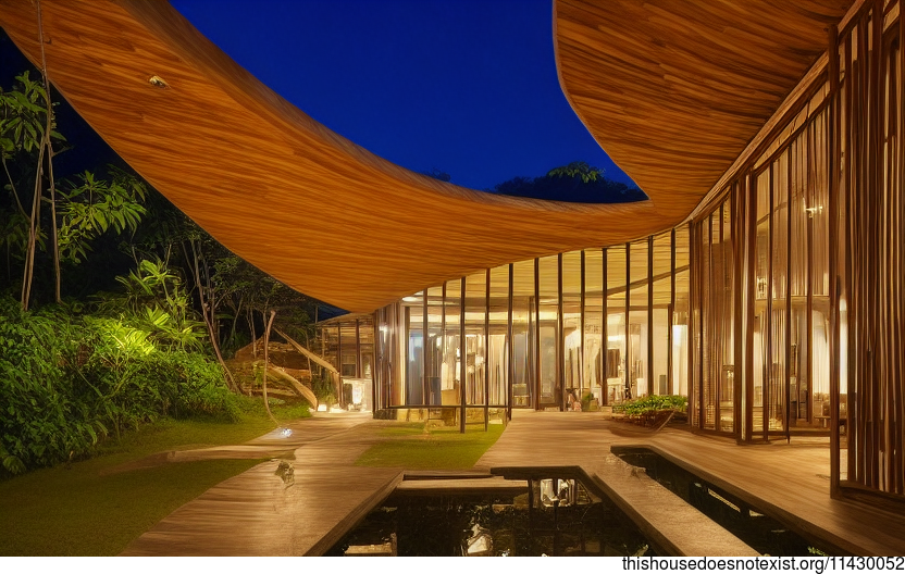 A modern architecture home in Phuket, Thailand, made from wood, stone, and bamboo, with a curved exterior and exposed rocks