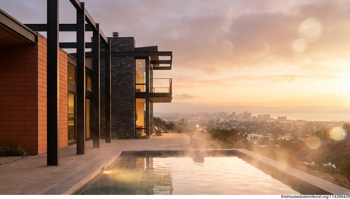 Scandinavian Steel House at San Diego Sunset