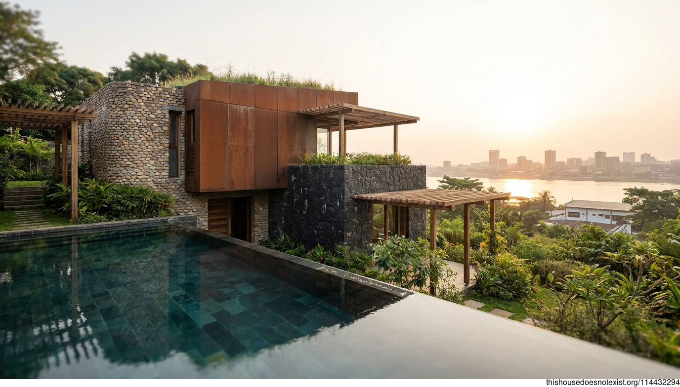 Sustainable Circular Stone House at Sunrise