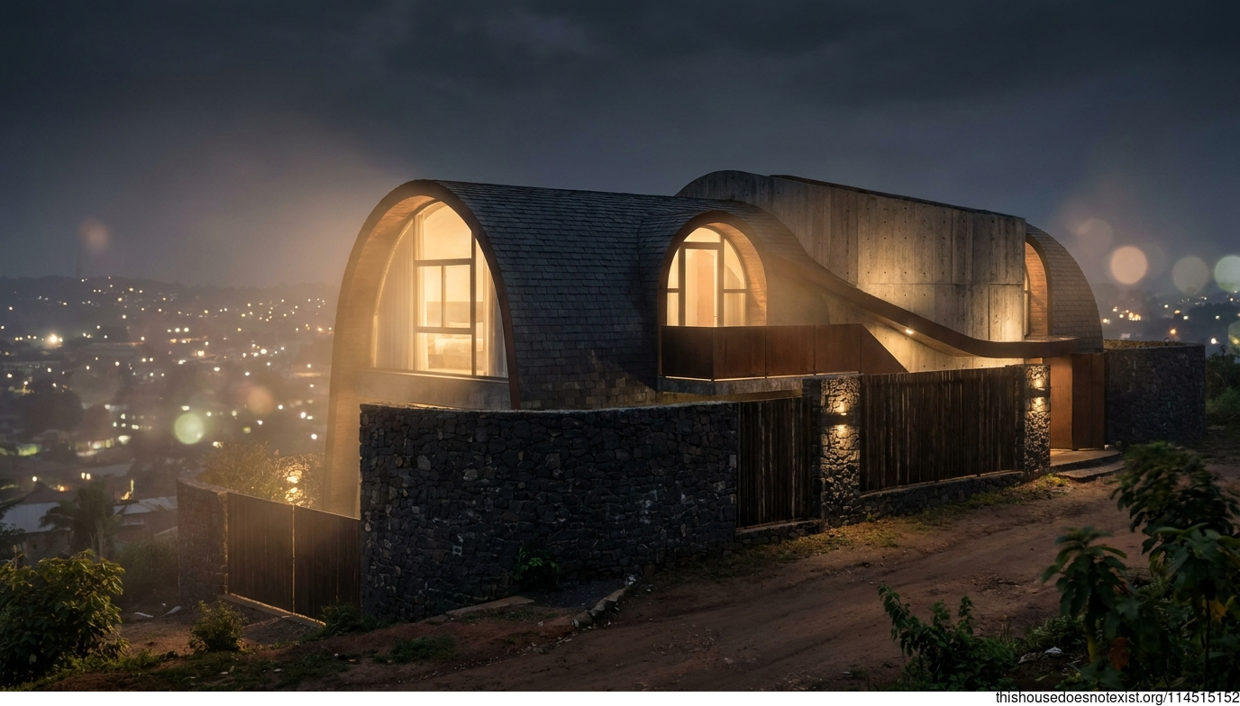 Modern Stone House, Curved Night Exterior