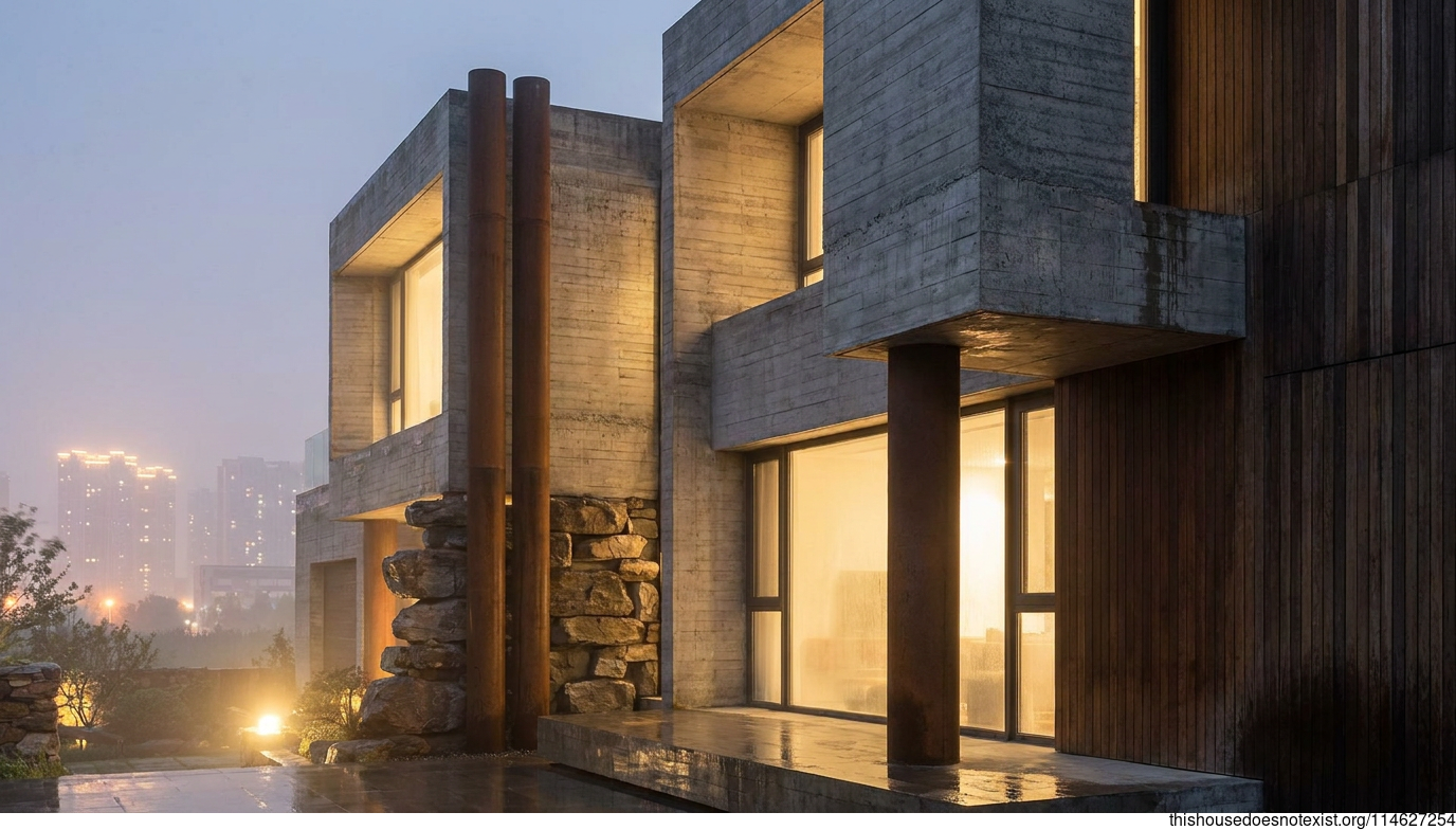 Brutalist Concrete House at Night