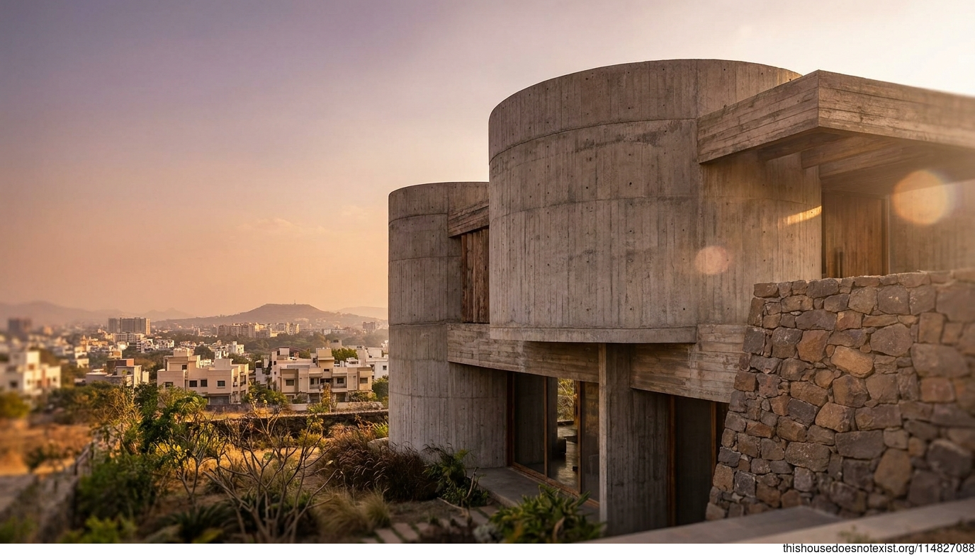 Brutalist Circular Concrete Home, Pune Sunset