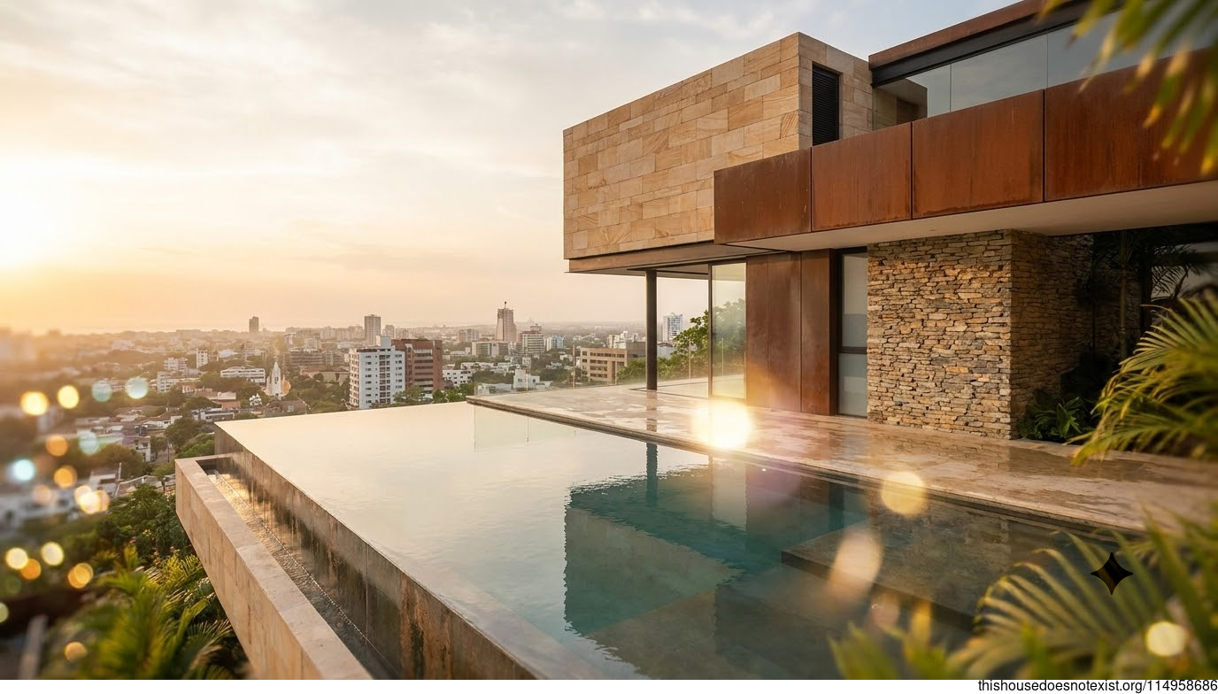 Rectangular Sandstone Modern House with Infinity Pool
