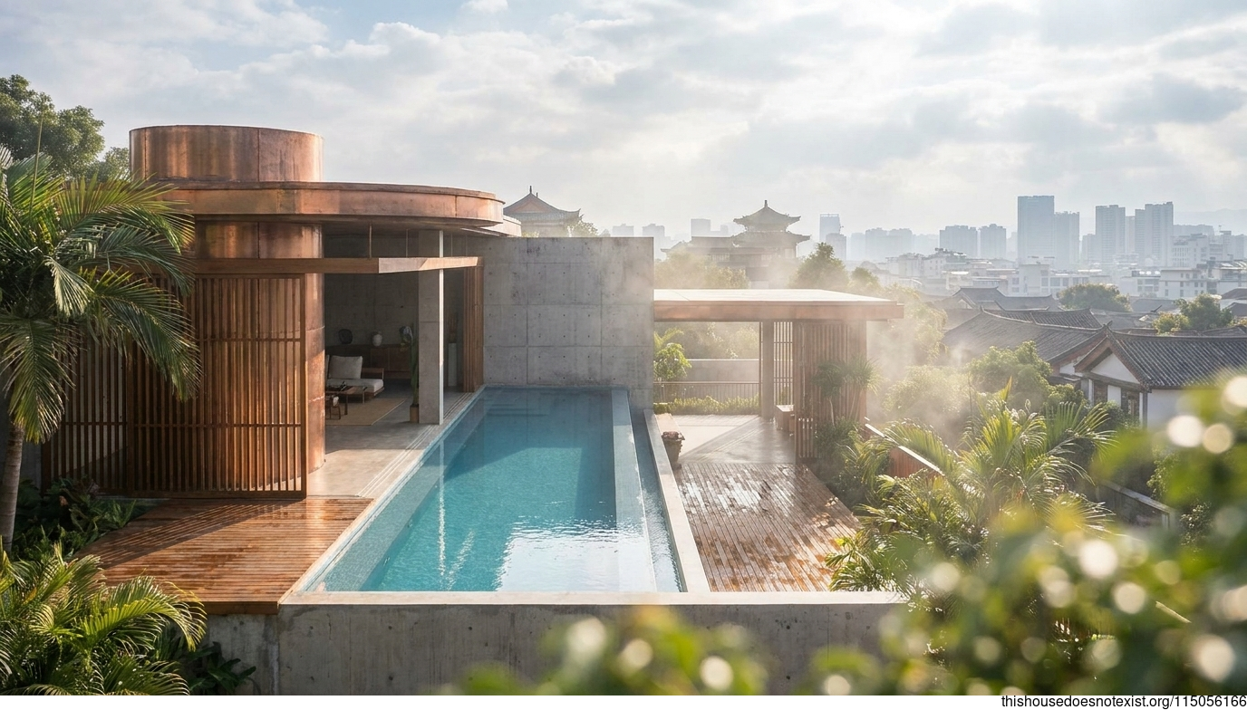 Tropical Minimalist Circular Copper Pool House