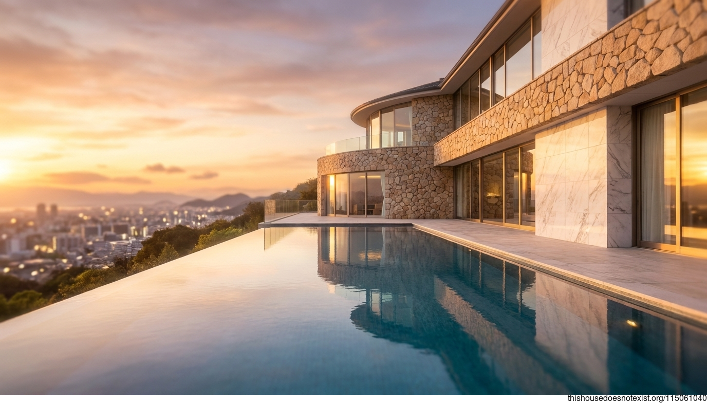 Modern Mediterranean Stone-Glass Villa at Sunset