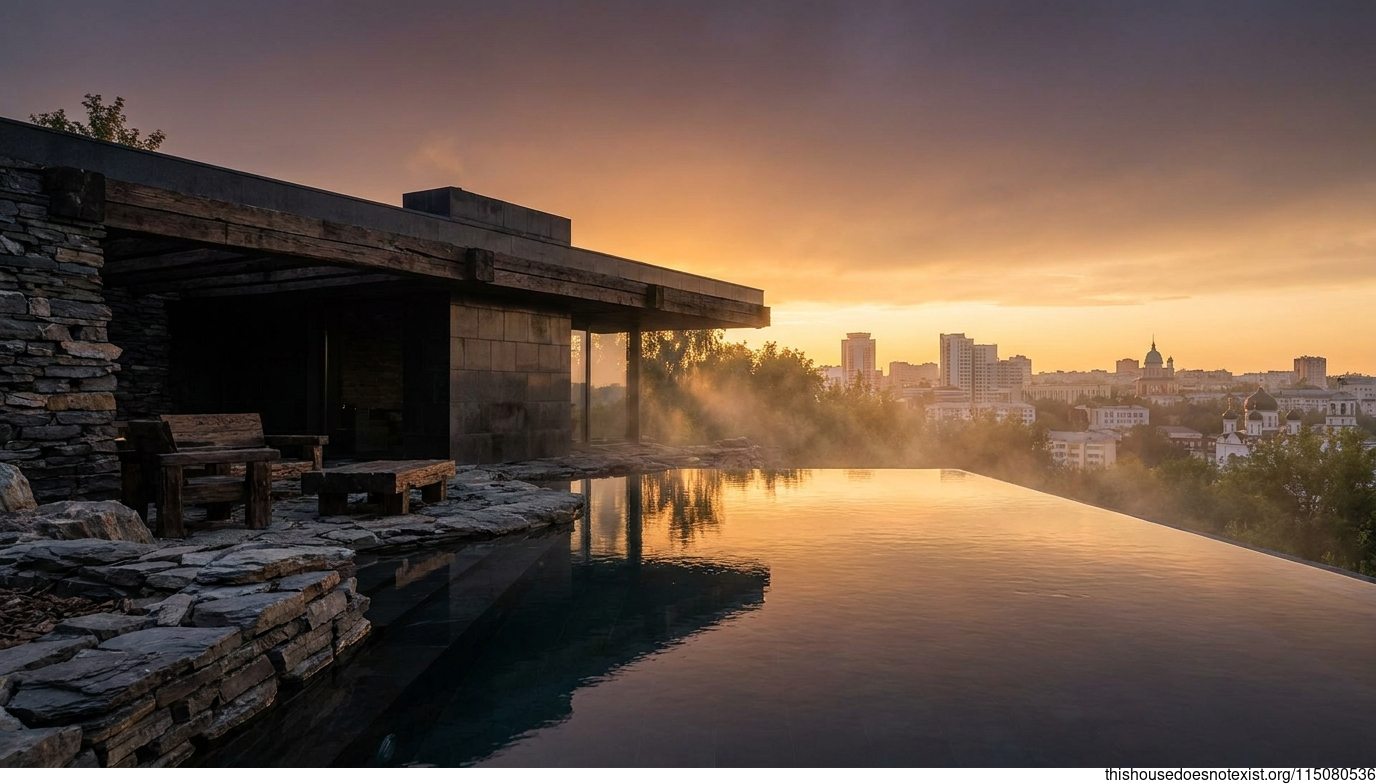 Brutalist Black Stone House, Ufa Sunset