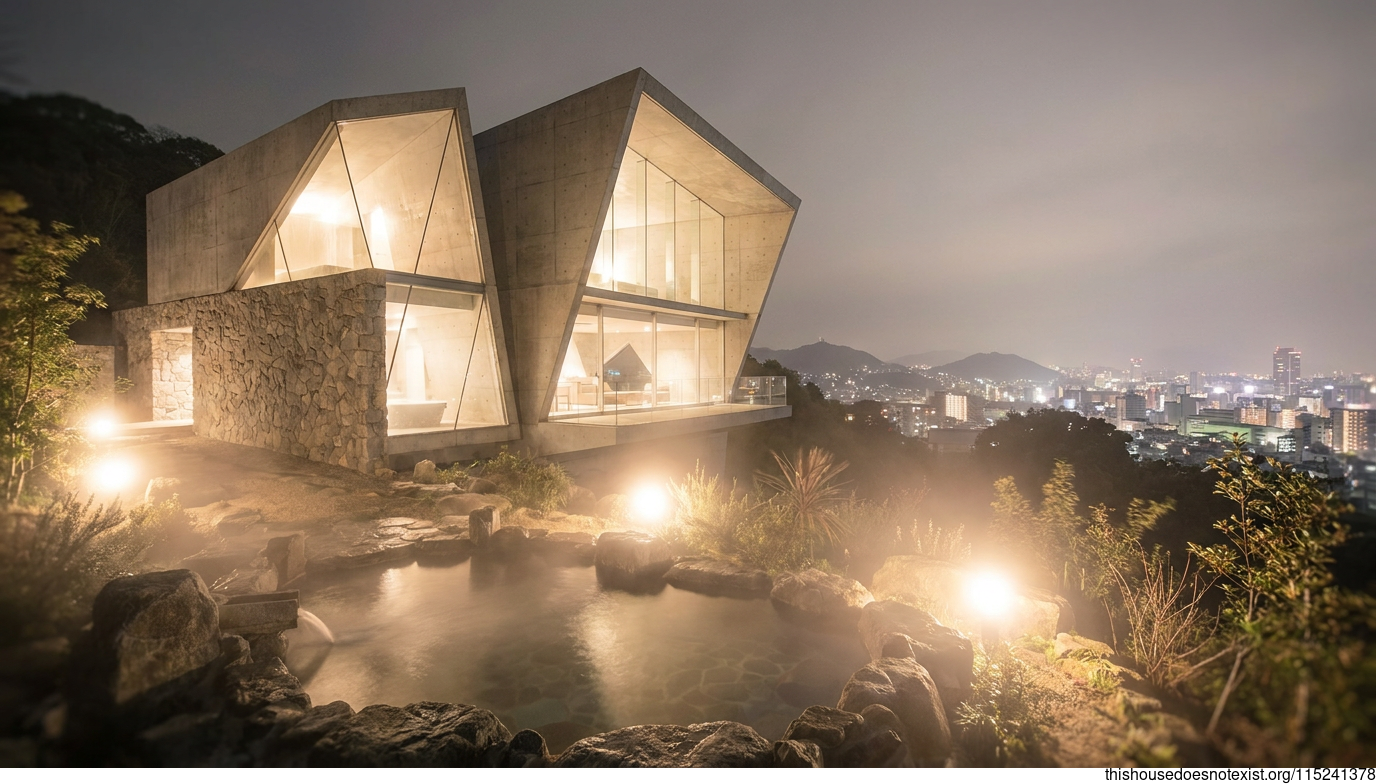 Futuristic Minimalist Triangular Glass House at Night