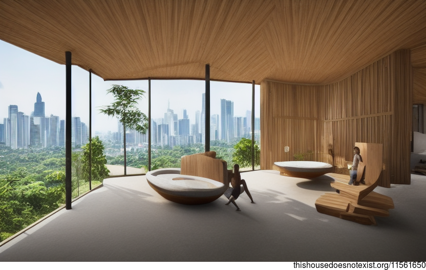 Sustainable, eco-friendly architecture designed house in Bangkok, Thailand with exposed wood, curved bamboo and rocks