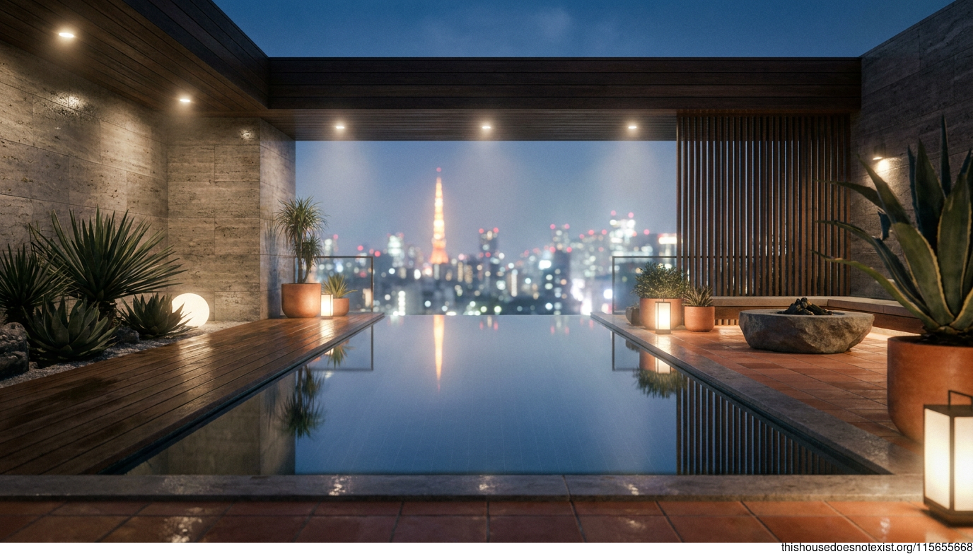 Brutalist Minimalist Night Garden in Tokyo