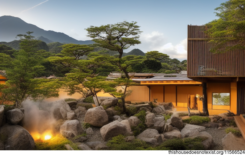 An Eco-Friendly and Sustainable Architecture Design With Exposed Wood, Curved Bamboo, and Hot Spring Rocks