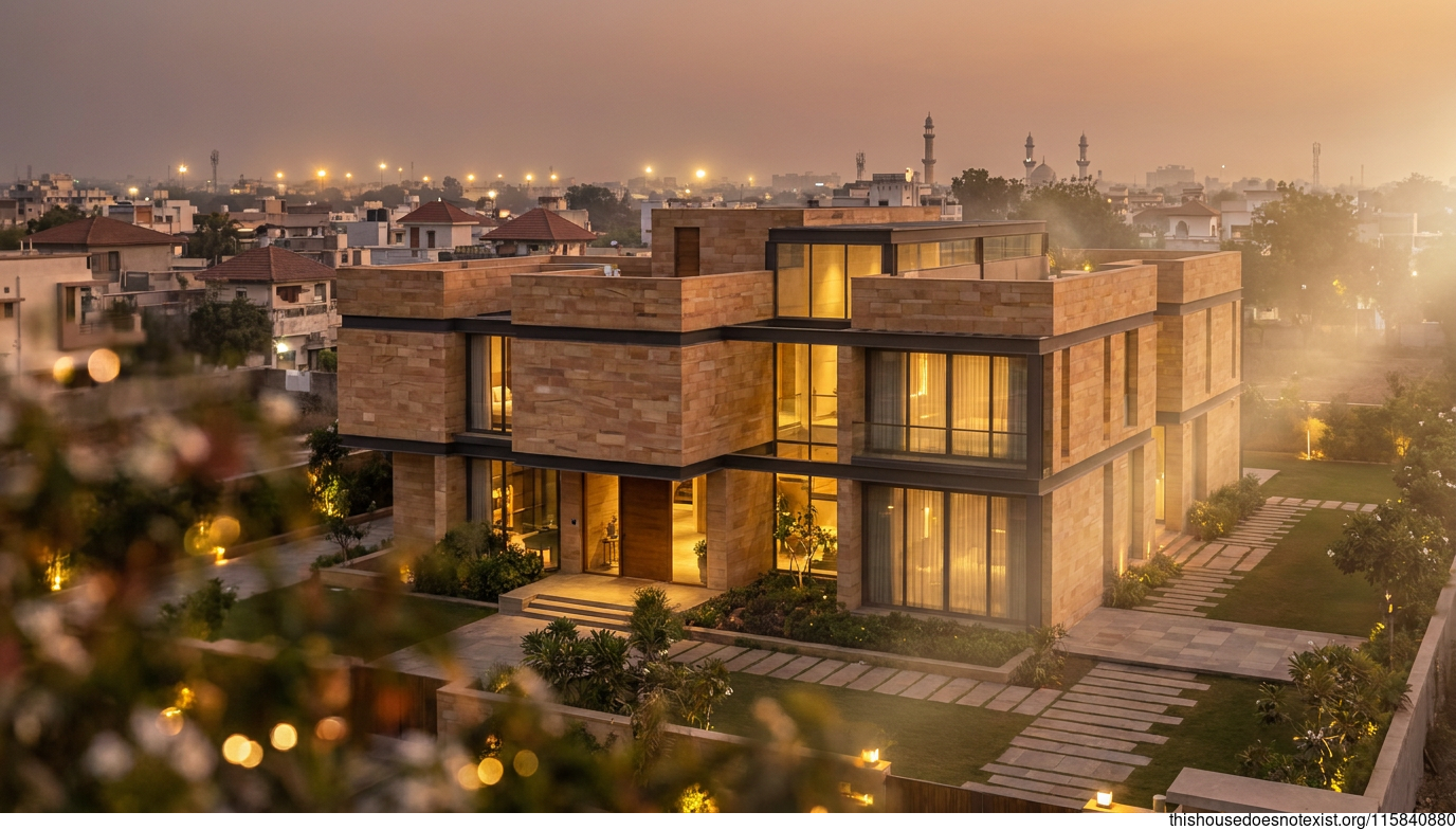 Modern Stone-Glass Villa at Rajkot Sunset