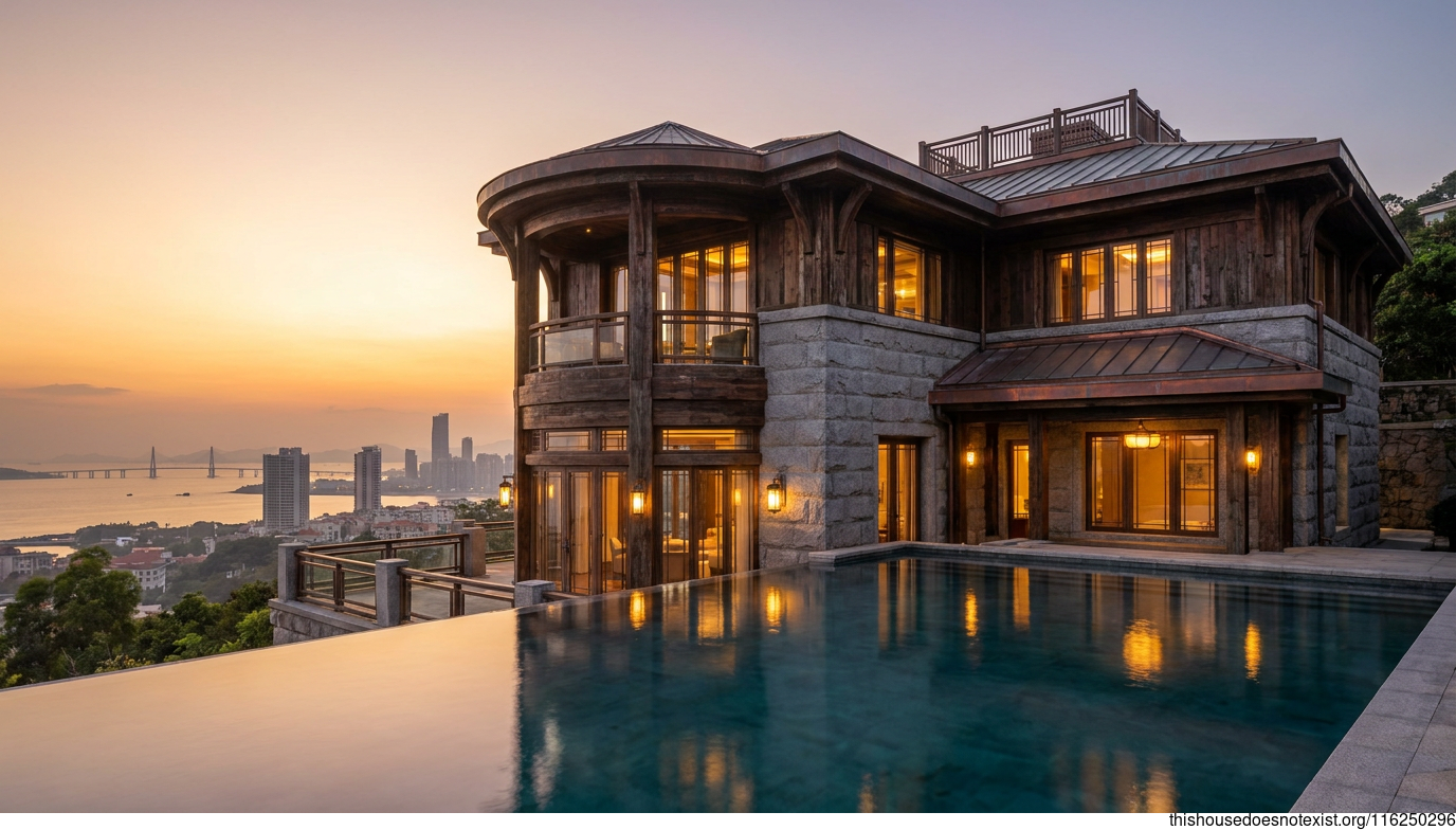 Curved Timber Villa at Sunset