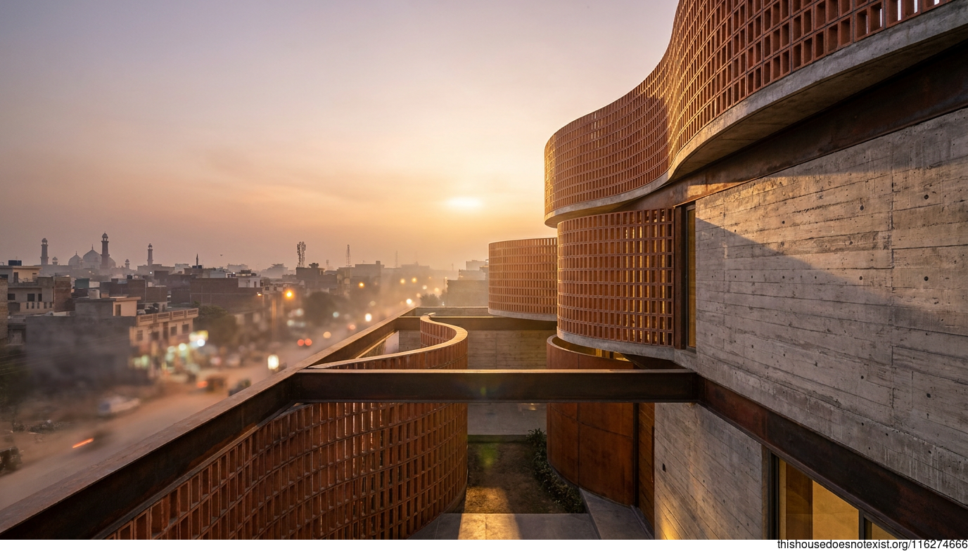 Curved Concrete Home at Sunset in Gujranwala