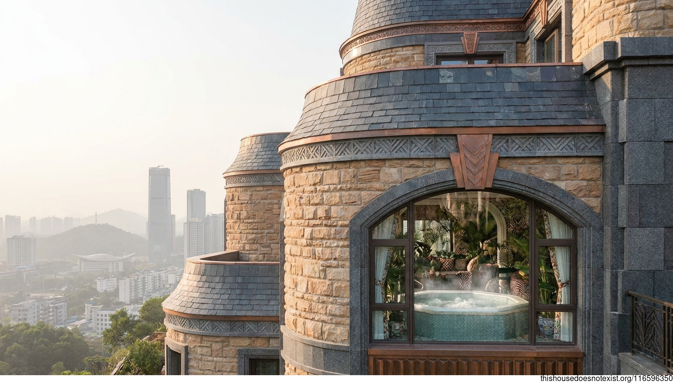 Curved Granite Maximalist House in Noon Light