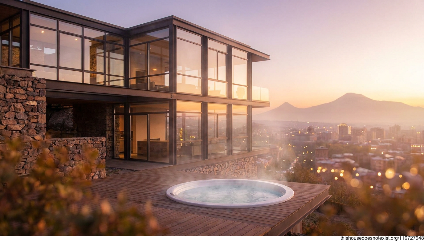 Modern Rectangular Glass-Steel Retreat, Sunset Yerevan