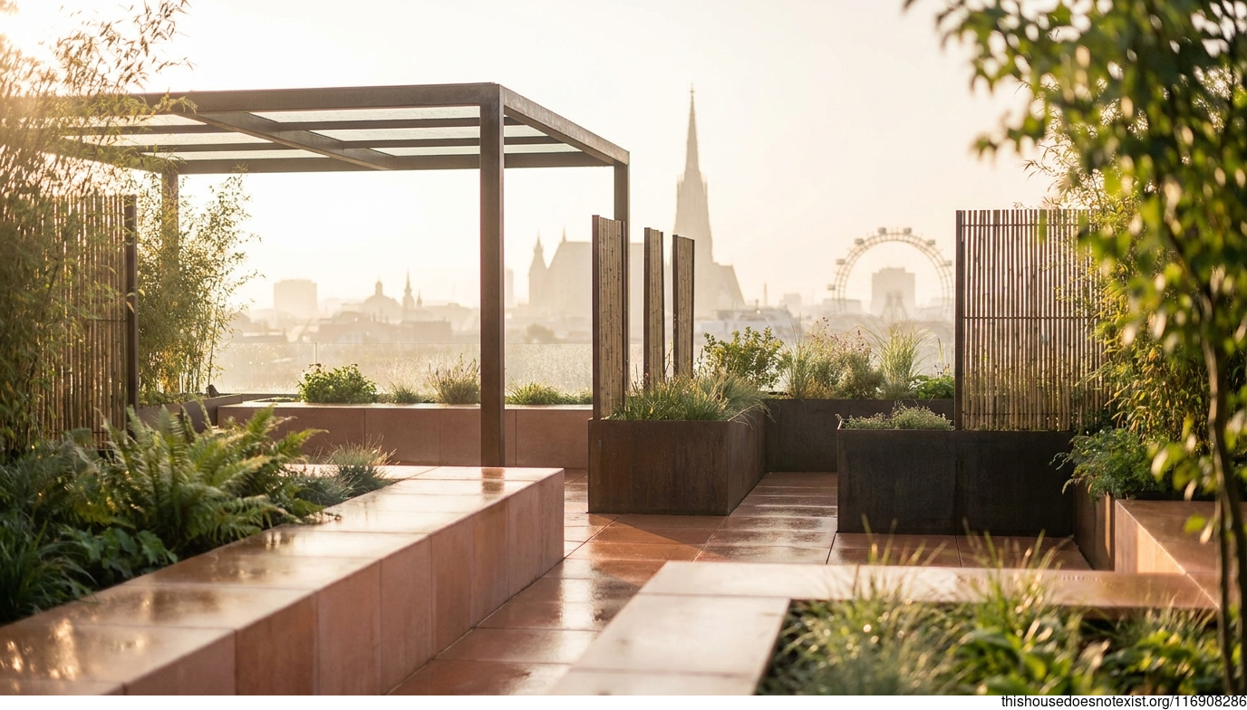 Mid-Century Minimal Garden at Sunrise