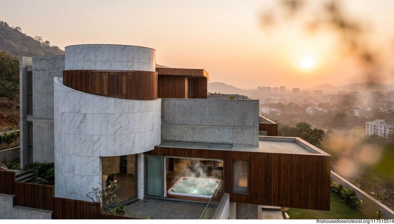 Modern Circular Villa, White Marble, Sunset Jacuzzi