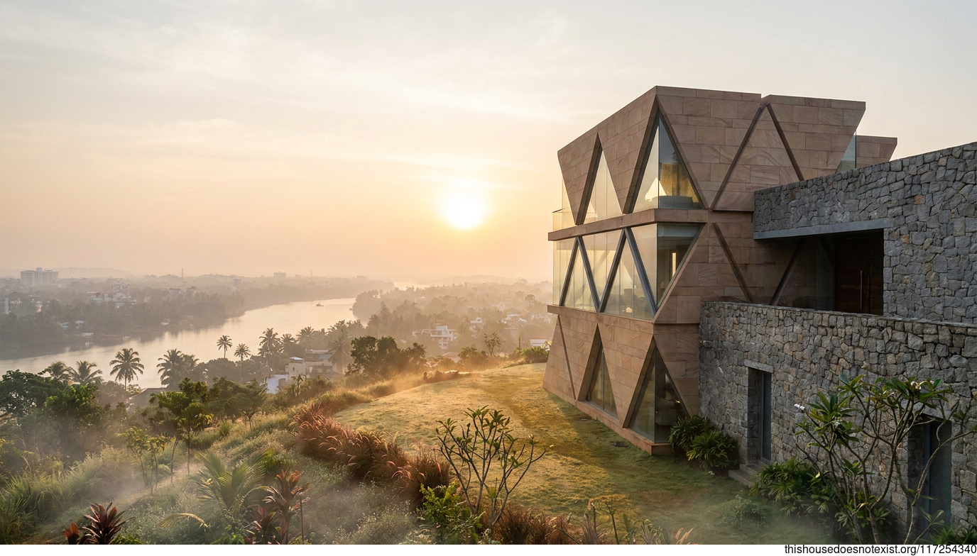 Futuristic Sandstone Prism House at Sunrise